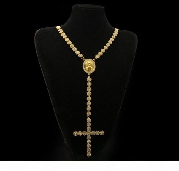 Мужское роскошное длинное ожерелье золотого, серебряного цвета со стразами со льдом и лицом Иисуса с большой подвеской, ожерелье с четками, ювелирные изделия в стиле панк1468793