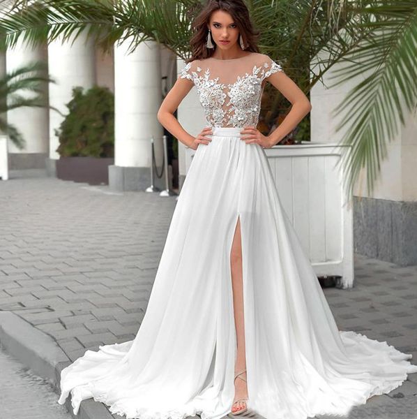 2024 modesto verão praia vestido de casamento ilusão pescoço mangas rendas apliques chiffon mulheres vestidos de noiva trem varredura feito sob encomenda vestidos de novia mariage