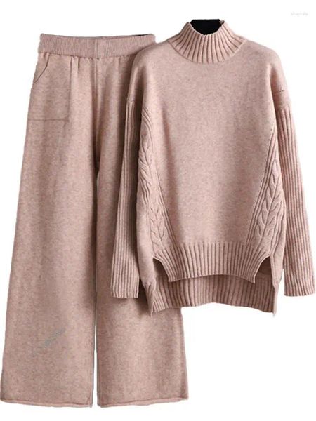 Calças femininas mulher 2023 roupas casuais outono inverno mock pescoço misto de malha alta baixa solta suéteres tornozelo terno
