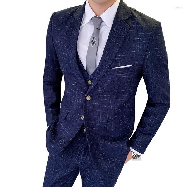 Ternos masculinos (jaqueta colete calças) boutique moda xadrez escuro casual terno de negócios conjunto de três peças noivo vestido de casamento festa