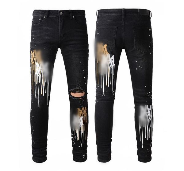 Мужские джинсы039s, окрашенные в красочные буквы, черные, узкие, потертые, до колена, мотоциклетные брюки, джинсовые, модные, Street9621417
