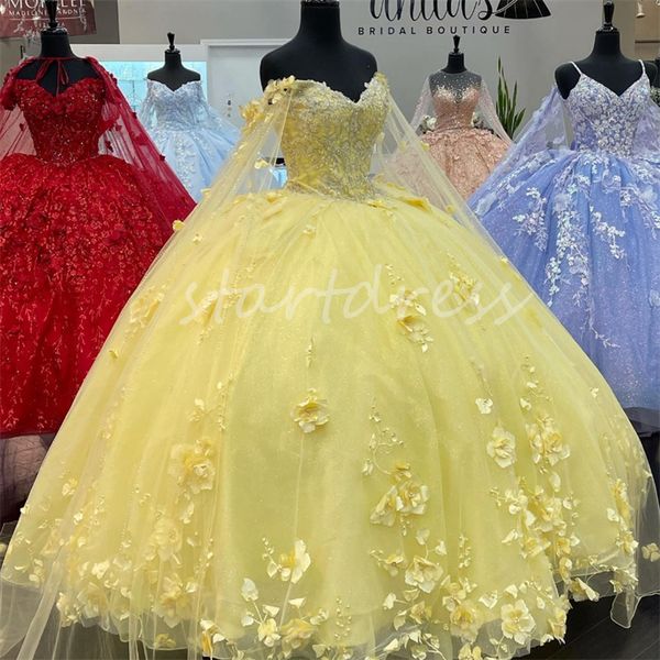 Lüks 3D Floral Pembe Quinceanera Elbiseler Prenses Cape Balo Gown Boncuk Doğum Günü Partisi Elbise Sarı Vestido De 15 Anos On beş XV Elbise Debutante Primdress 2024