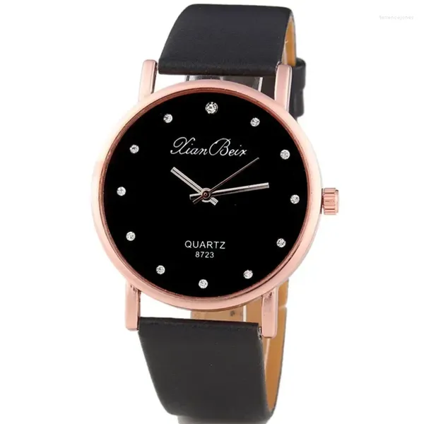 Relógios de pulso Simples Moda Estilo Estilo Feminino Diamante Caso Leatheroid Banda Redondo Dial Quartz Relógio de Pulso Relógio Presente Drop