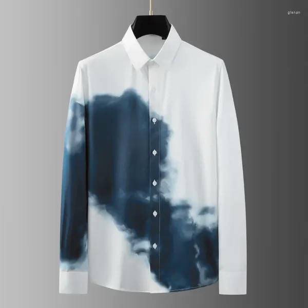 Camisas casuais masculinas azul céu branco nuvem impressa luxo manga longa quatro estações inteligente masculino slim fit homem