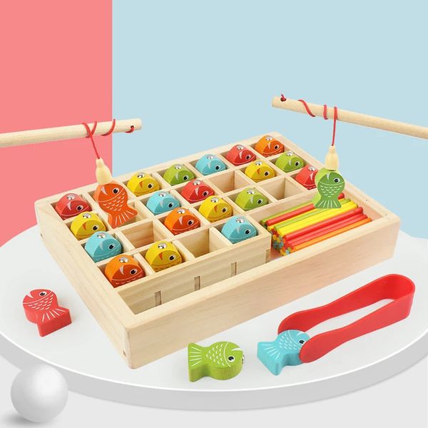 Giocattoli di apprendimento Montessori in legno per bambini Gioco di pesca Set di giocattoli di interazione per bambini Matematica educativa per pesci 231201