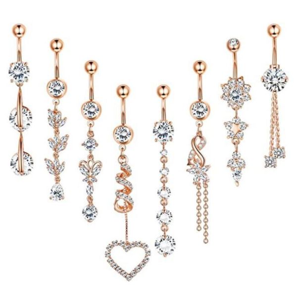 Zircone Belly Bar Anello in acciaio inossidabile per ombelico Catena Nappa Ciondolo Pin Accessori Set 16 pezzi Lotto Kit per piercing Ragazza Pancia Barre Pancia 2442039