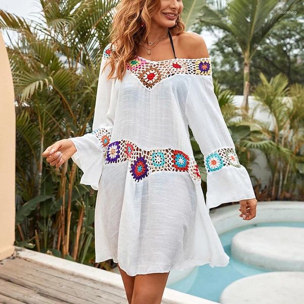 Kadın Mayo 2023 Crochet Plajı Örtüyor Yaz Tunik Kapak Uzun Örme Plaj Giyim Mayo Ups Kadınlar Vestido Playa Mujer Beyaz
