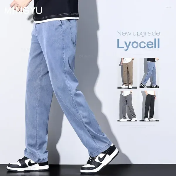 Мужские джинсы с эластичной резинкой на талии, джинсовая мягкая ткань из лиоцелла, мужские синие свободные прямые брюки, мужские большие размеры M-5XL