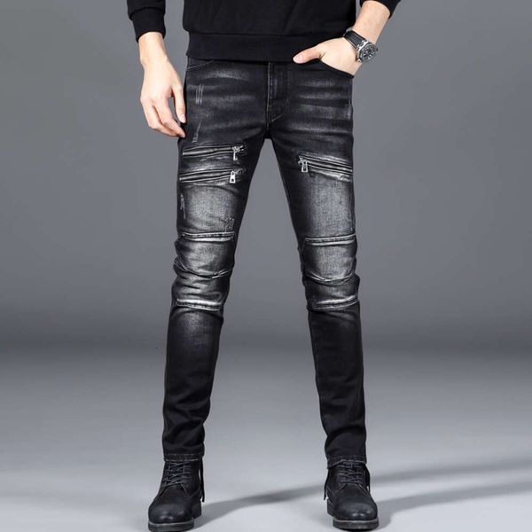 Черные мужские облегающие эластичные байкерские джинсы с искусственными молниями, брюки, мужские джинсовые брюки, одежда, уличная одежда в стиле панк