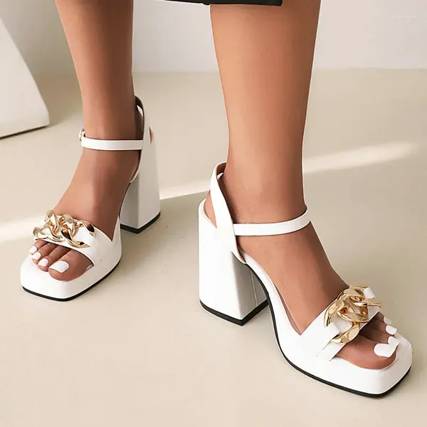 Sandalen 2023 Sommer Braun Weiß Damen Block Heels Schuhe mit Metallkette Offene Spitze Lässige Frauen Plattform Chunky