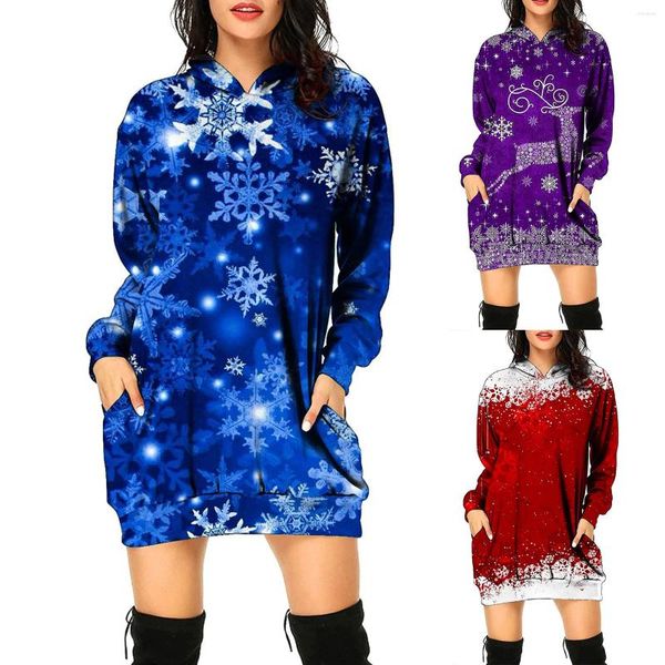 Sıradan Elbiseler Kadınlar Noel Sweatshirt Elbise Uzun Kollu Kapşonlu Cep Kazak Hoodie Plus Boyutlu Tunik Ev Homecoming
