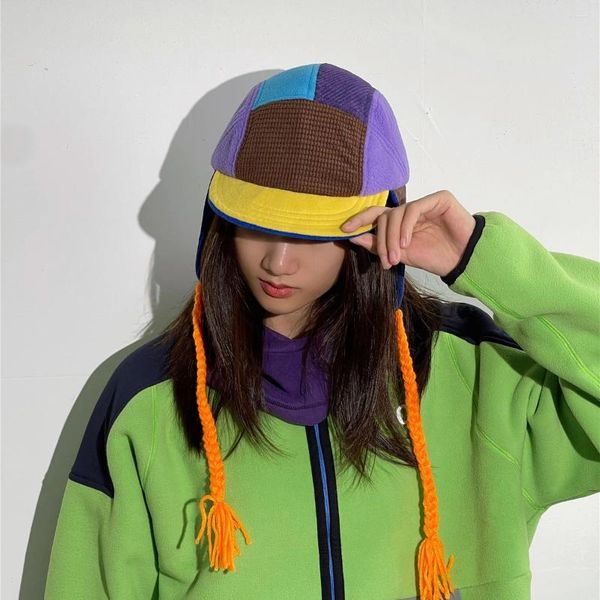 Top Caps 2023 Renk Bloğu Womengorro Ruso için Kış Şapkası 5 Panel Beyzbol Kulakları Koruma Snapback Ushanka Bombacı Kürk Şapkaları