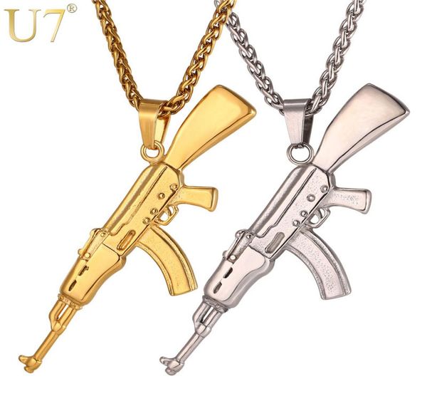 U7 hip hop jóias ak47 assalto rifle padrão colar cor do ouro aço inoxidável legal moda pingente corrente para homem p10463525084