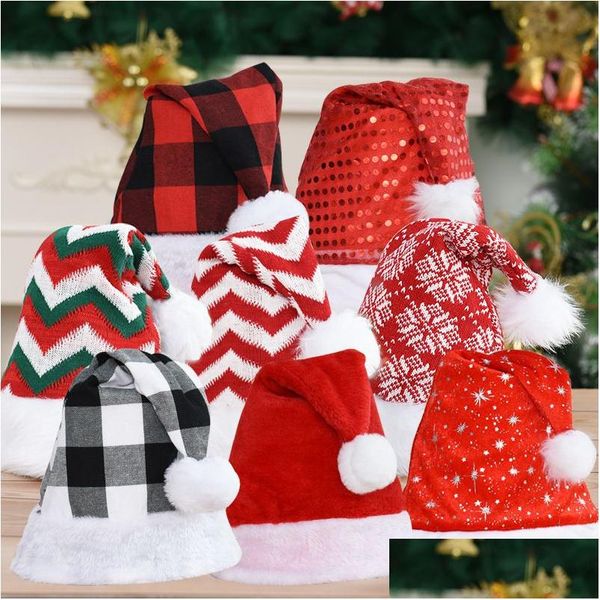 Рождественские украшения косплей кепки Рождество Санта -Клаус Шляпы клетчатые полосатые снежинки Святы с снежинками красная белая шлюха плюшевая шляпа для вечеринки декор костюмы dhsjm