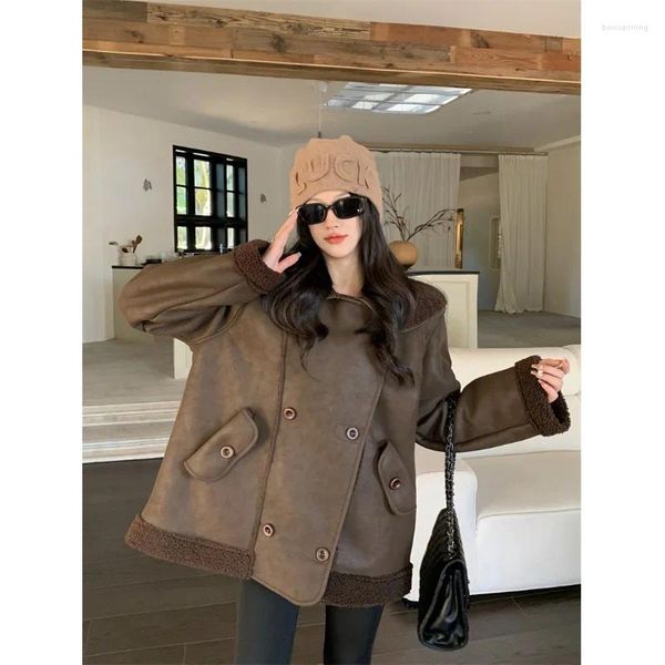 Giacche da donna Dolce Ragazza Giacca con risvolto marrone per l'inverno Cappotto doppiopetto caldo e di media lunghezza, vestibilità ampia, abiti femminili di moda