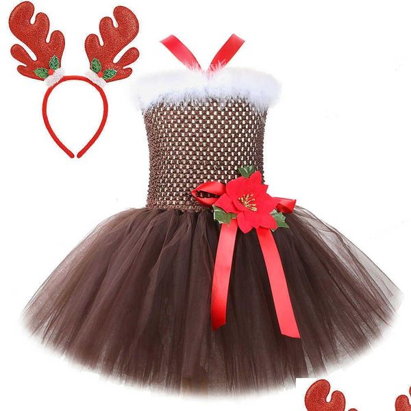 Особые случаи Ocns Рождественское платье-пачка с оленем для девочек Костюмы оленей Детские платья Санта-Клауса для девочек с цветком из рога оленя Xma Dhz6V