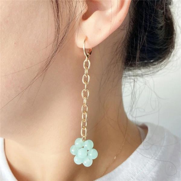 Baumelnde Ohrringe, trendige Vergoldung, Mint-weißer Stein, Gänseblümchen-Blumen-Charm-Kette, Quaste, Hoop für Frauen und Mädchen, Schmuck