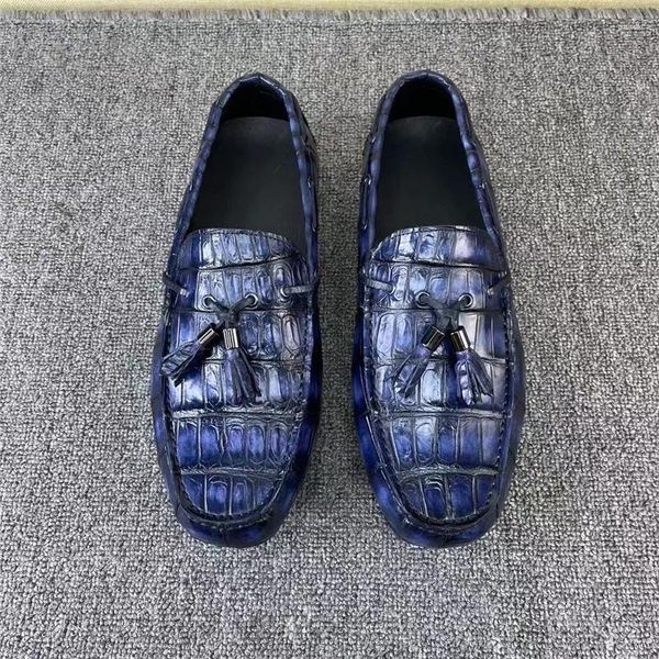 Kleidschuhe Authentisches Krokodilleder, handbemalt, blaue Farbe, Herren-Quasten-Mokassins, echtes Alligatorleder, weiche Außensohle, männliche Slip-on-Flats