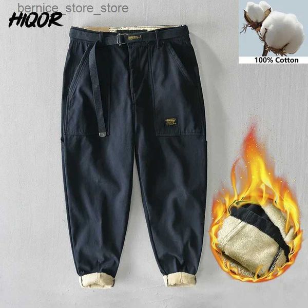 Calças masculinas Hiqor calças de carga de inverno homens quentes engrossar calças ao ar livre solto macacão masculino 100% algodão lã calças casuais homem streetwear q231201