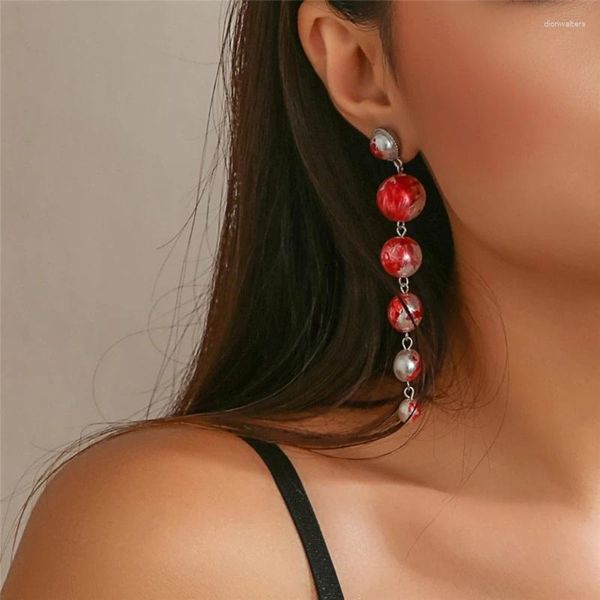 Orecchini a bottone Goth Rosso Imitazione Perla Lunga Nappa Goccia per le donne Matrimonio Nuziale Vintage Orecchino pendente Accessori di gioielli di Halloween