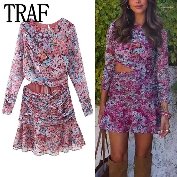 Abiti casual ritagliati abito floreale donna volant in chiffon mini donna arricciato autunno vintage aderente manica lunga corta