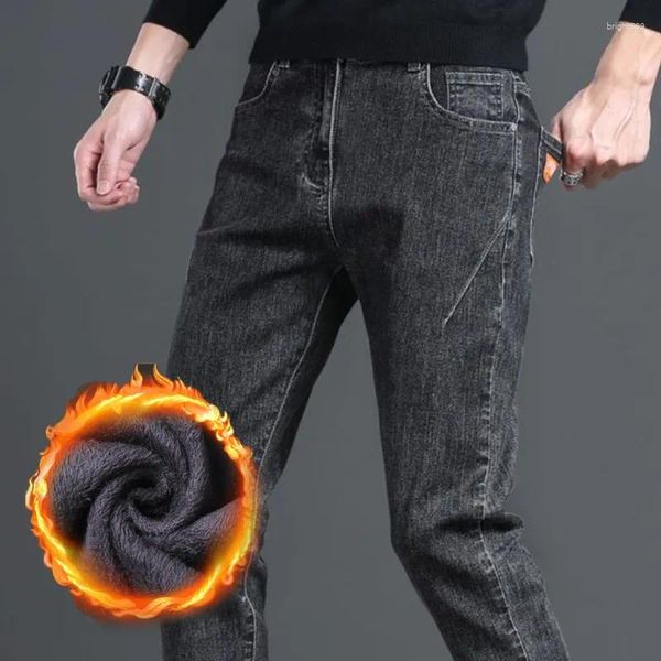 Jeans masculinos outono inverno mais veludo engrossado magro elástico reto negócios lazer chegada calças de moda