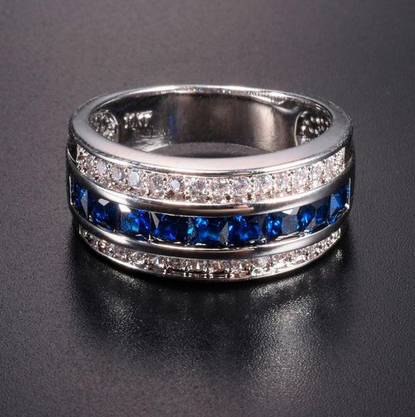 Men039s luxo 10k branco banhado a ouro azul safira granada cristal pedra banda anel de casamento para homens mulheres jewlry tamanho 812 j190703439716