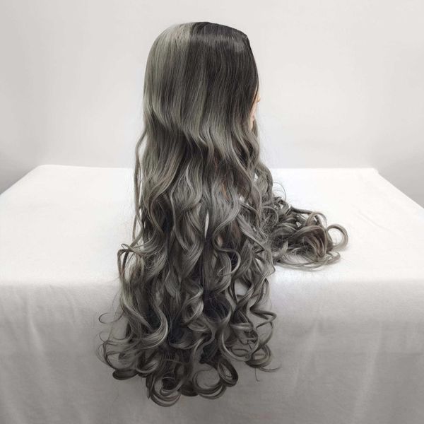 cedevole nuovo tipo parrucca parrucca da donna con capelli ricci lunghi grigi divisi, copricapo, stile di capelli lunghi, copertura per parrucca naturale