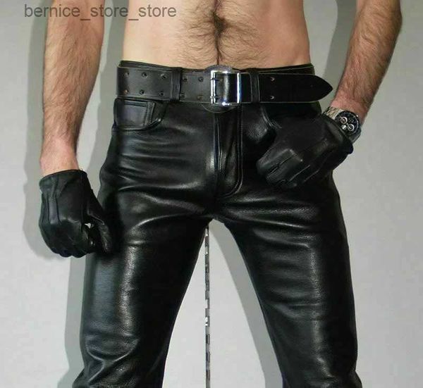 Мужские брюки, брендовые осенние мужские кожаные брюки, узкие эластичные стильные модные брюки из искусственной кожи, мотоциклетные брюки, тонкая уличная одежда Q231201