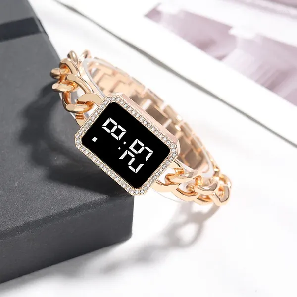 Relógios de pulso Sdotter Moda Square Mulheres Relógios Aço Inoxidável À Prova D 'Água LED Relógio Digital Rosa Gold Sliver Relógio de Pulso Relojes Digitales
