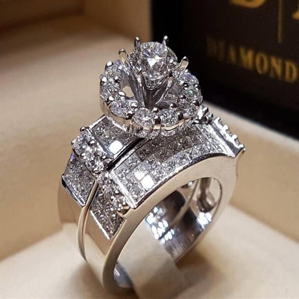 Modischer Damen-Verlobungsring mit weißem Diamant, eingelegt mit Ehering aus 100 % S925-Sterlingsilber für Damen und Herren anniv235o