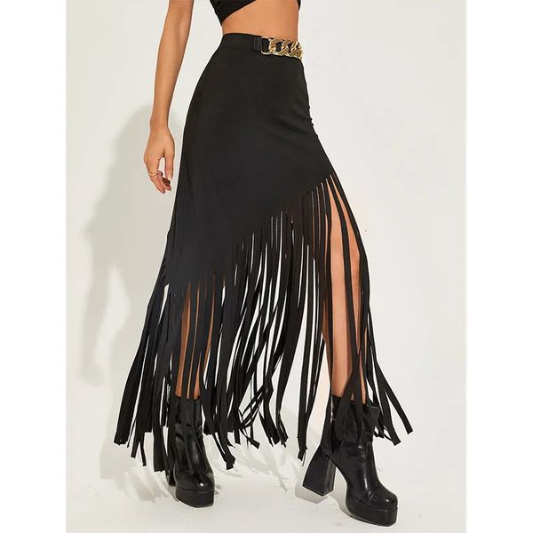 Vestido de duas peças gótico escuro tassel estilo punk sexy mulheres maxi saias shopping gótico grunge cintura alta saia longa com anel cinto preto clube streetwear 231201