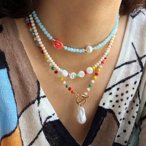 Halsband Boho Bunte Kristall Perlen Halskette Frauen Barocke Perle Anhänger Koreanischen Stil Handgefertigte Brief Rose Schmuck