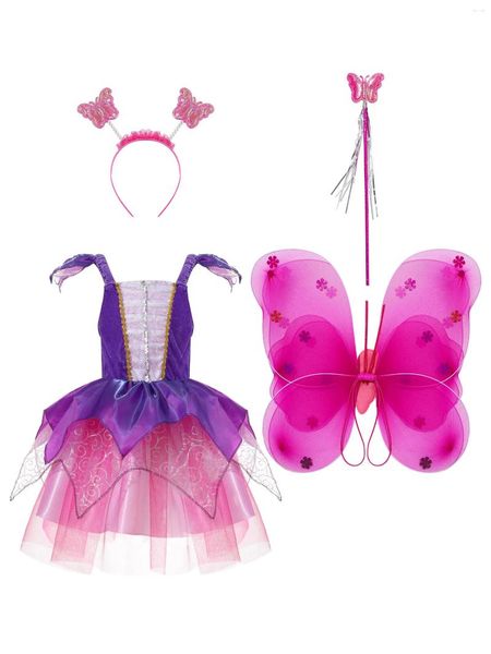 Vestidos da menina do miúdo meninas halloween fada cosplay traje carnaval tema festa desempenho em camadas vestido de malha com asas de borboleta argola de cabelo