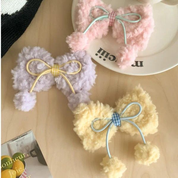 Accessori per capelli Autunno Inverno Dolce morbido peluche in cotone colorato Fiocco rotondo Palla Grandi clip per ragazza Donna Fata carina Forcina rosa Festa di moda