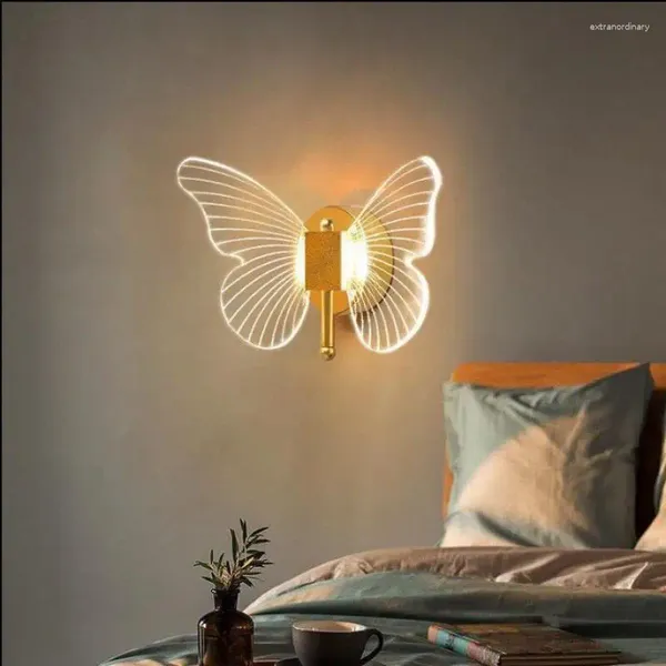 Lâmpada de parede borboleta luz luxo quarto cabeceira romântico decorativo fundo espelho iluminação frontal