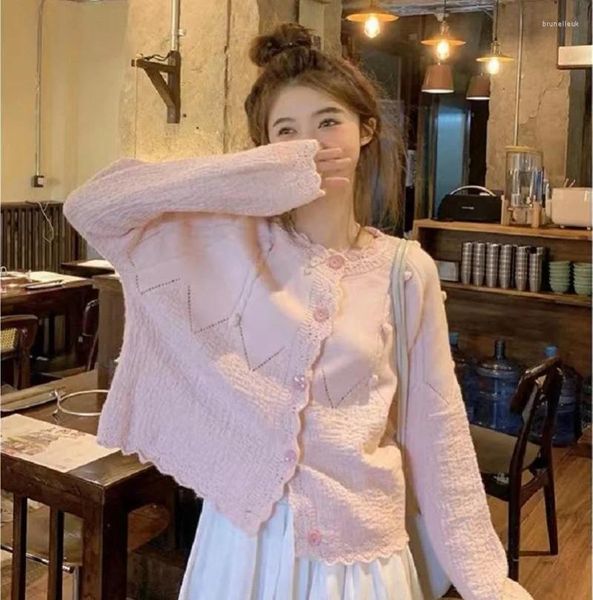 Malhas femininas kawaii mulher suéteres de malha cardigan 2023 outono inverno moda coreana bonito manga longa rosa branco camisola topos