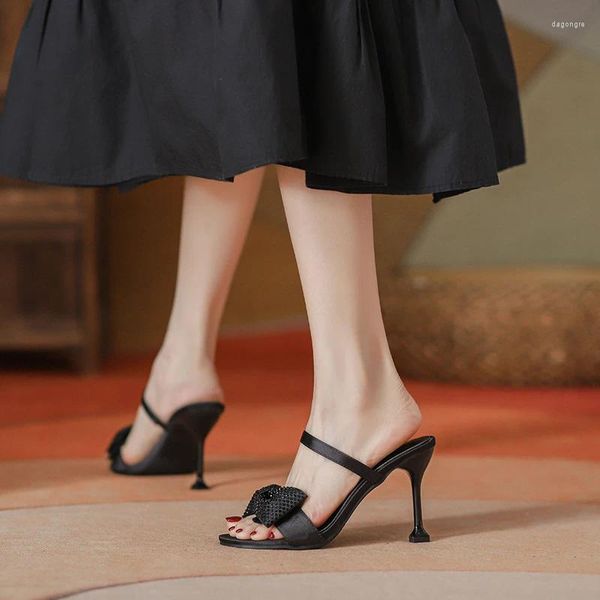 Sandalet dişi terlik siyah yay yüksek topuklu kadınlar stiletto 9cm zarif yaz ayakkabıları bayanlar sanandalias de mujer