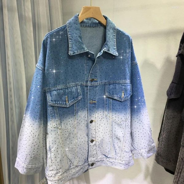 Jaquetas femininas chique outono mulheres perfuração casaco gradual cor denim lantejoulas jeans jaqueta streetwear tingido solto comprimento médio cardigan