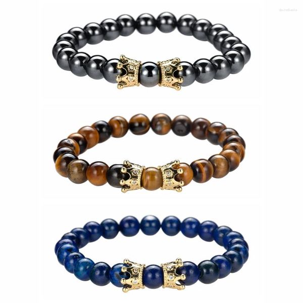 Strand ASHMITA CZ Strass King Crown Bracciali Natural 8MM Pietra Perline di cristallo Bracciale Yoga Chakra Bagnle in rilievo per donna Uomo