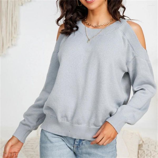 Maglioni da donna Maglione solido Pullover lavorato a maglia Spalle scoperte Top a maniche lunghe O-Collo Donne eleganti Maglieria allentata Casual