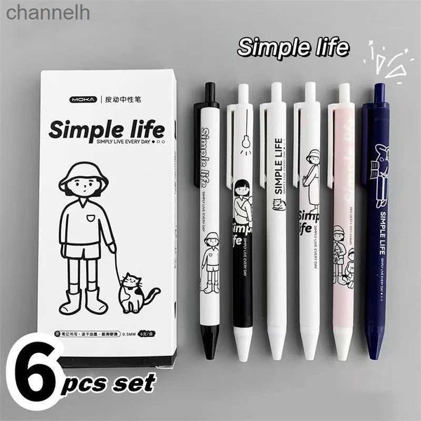 Canetas de gel 6 peças de canetas de gel de vida simples conjunto de design de desenho animado clique tipo 0,5 mm esferográfica tinta de cor preta para escrever escola de escritório A7069 YQ231201