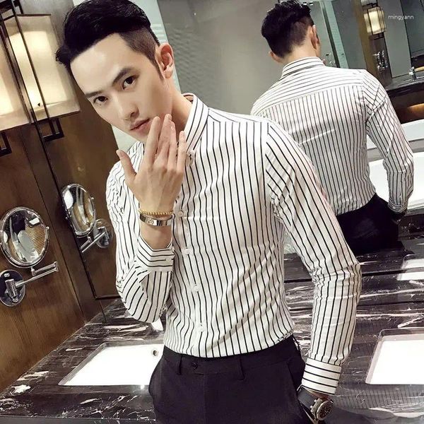 Мужские повседневные рубашки, сексуальная прозрачная полосатая рубашка, мужская рубашка 2023 года в стиле Харадзюку, модная корейская одежда на пуговицах с длинным рукавом, мужская одежда H91