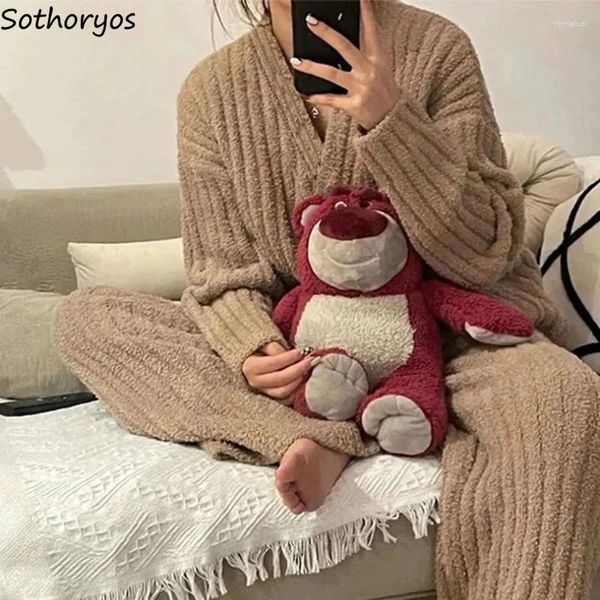 Mulheres sleepwear velo inverno pijama conjuntos mulheres simples casa com decote em v quente unisex estilo coreano aconchegante lounge baggy roupas clássicas