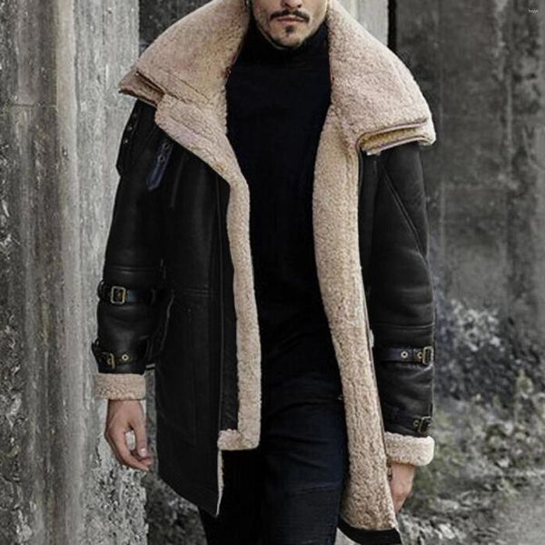 Jaquetas masculinas homens inverno para lapela jaqueta casaco de água manga chuva colar longo couro acolchoado velo vintage engrossar