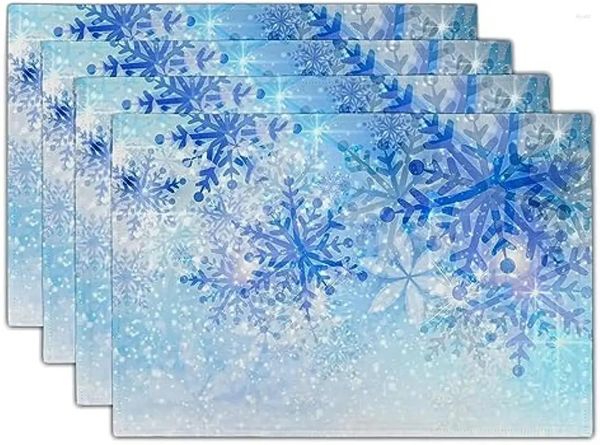 Tovagliette da tavolo Tovagliette con fiocchi di neve invernali Bianco Blu Cristallo che cade Natura Tappetino per ghiaccio Snow Place Set di 4 per cucina Sala da pranzo Vacanze