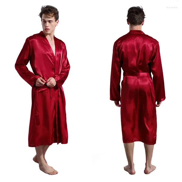 Pijamas masculinos camisolas luxuosas de cetim kimono robe seda macia manga comprida com decote em v roupa de dormir renda até camisola homem roupão de banho com bolsos