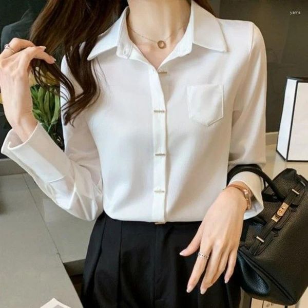 Damenblusen Retro Langarmshirt Frühling Koreanischer Stil Büro Damenbluse Damen Herbst Einreiher Weiß