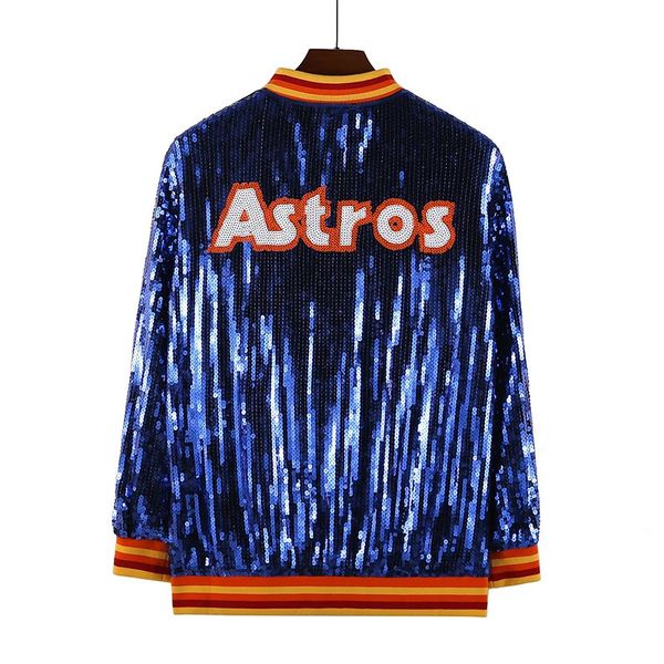 Женские куртки Бейсбольная команда Женская синяя куртка-бомбер с пайетками Astro 231130