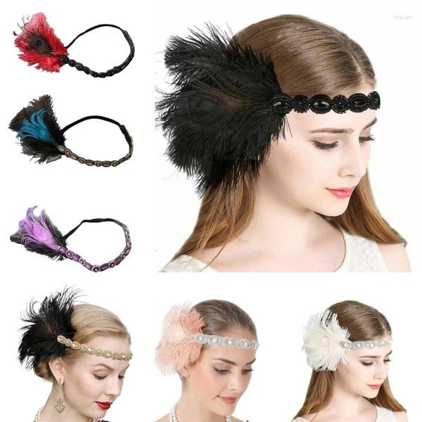 Berretti 652F Fascia per capelli con flapper Copricapo in maschera Piuma Donna Carnevale Piume di martedì grasso Gatsby